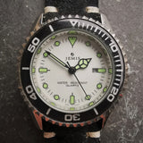 Men's Vintage JEMIS Chrome Quartz Watch // Lume hands and digits // Rotation Bezel // New Italian Vintage Genuine Suede Leather Watchstrap