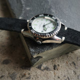 Men's Vintage JEMIS Chrome Quartz Watch // Lume hands and digits // Rotation Bezel // New Italian Vintage Genuine Suede Leather Watchstrap