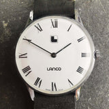 Vintage Mens Lanco Mechanical Swiss Watch with White Dial and New Handmade Black Leather Strap