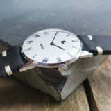 Vintage Mens Lanco Mechanical Swiss Watch with White Dial and New Handmade Black Leather Strap