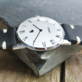 Vintage Mens Lanco Mechanical Swiss Watch with White Dial and New Handmade Black Leather Strap