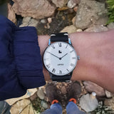 Vintage Mens Lanco Mechanical Swiss Watch with White Dial and New Handmade Black Leather Strap