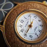 Vintage LUXURY Gold Plated Women's Quartz Watch // Unique Cork Bezel // Genuine Leather Strap