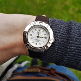 Wrist Shot of Womens Dufont White Dial Watch with Brown Leather Strap