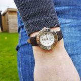 Wrist Shot of Ladies Vintage Dufont White Dial Watch with Brown Leather Strap
