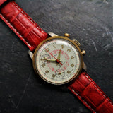 Cimier Sport Mens Mechanical Chronograph Watch from 1950s with Red Leather Crocodile Strap