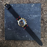 Mens Vintage 1950s Cimier Sport Gold Mechanical Chronograph with Black Leather Strap with Red Stitching 