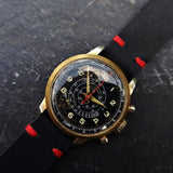 Mens Vintage 1950s Cimier Sport Gold Mechanical Chronograph with Black Leather Strap with Red Stitching 