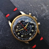 Mens Vintage 1950s Cimier Sport Gold Mechanical Chronograph with Black Leather Strap with Red Stitching 