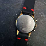 Back Case of Vintage 1950s Cimier Sport Gold Mechanical Chronograph with Black Leather Strap with Red Stitching 