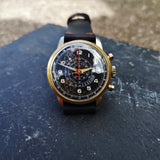 Mens Vintage 1950s Cimier Sport Gold Mechanical Chronograph with Black Leather Strap with Red Stitching 