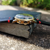 Funky Pushers on Vintage 1950s Cimier Sport Gold Mechanical Chronograph with Black Leather Strap with Red Stitching 