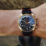 Watch shot of Vintage 1950s Cimier Sport Gold Mechanical Chronograph with Black Leather Strap with Red Stitching 