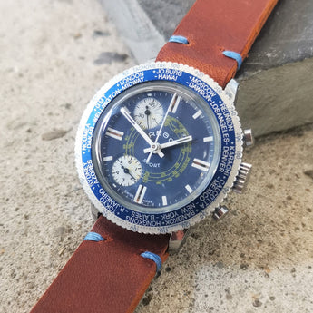 Vintage Men's Blue Swiss Rego Sport // Early 'Stop-Start' Chronograph Watch // With A Handcrafted Genuine Leather Strap