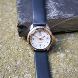 Vintage TIMEX Chrome And Gold Plated Women's Quartz Watch // Date Display // Genuine Leather Navy Strap // Indiglo Function