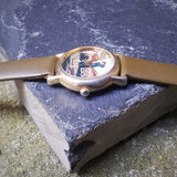 Vintage Faded Gold Plated Women's Quartz Watch // Genuine Leather Navy Strap // Unique Golf Design Dial