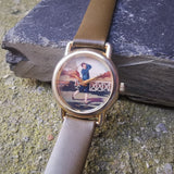 Vintage Faded Gold Plated Women's Quartz Watch // Genuine Leather Navy Strap // Unique Golf Design Dial