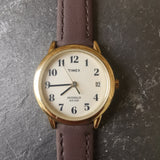 Vintage Women's Gold Plated Timex Quartz Watch // With Genuine Brown Leather Straplay