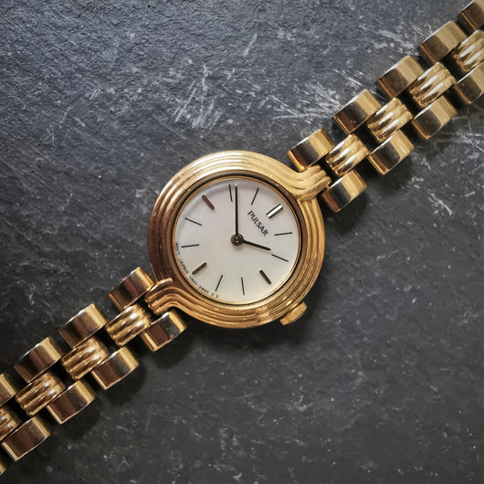 Vintage Women's PULSAR Gold Plated Quartz Watch // With Marble Design Dial
