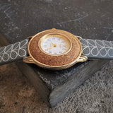 Vintage LUXURY Gold Plated Women's Quartz Watch // Unique Cork Bezel // Genuine Leather Strap