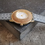 Vintage LUXURY Gold Plated Women's Quartz Watch // Unique Cork Bezel // Genuine Leather Strap