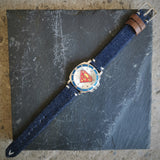 Vintage Men's Chrome Plated Quartz Watch // Superman's S insignia Watch Face Design // Italian Vintage Denim Jeans Leather Watch Strap