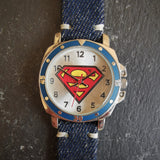 Vintage Men's Chrome Plated Quartz Watch // Superman's S insignia Watch Face Design // Italian Vintage Denim Jeans Leather Watch Strap
