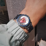 Vintage Men's Chrome Plated Quartz Watch // Superman's S insignia Watch Face Design // Italian Vintage Denim Jeans Leather Watch Strap