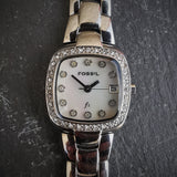 Vintage Women's Fossil "f2" Chrome Plated Quartz Watch - With Gem Stone Bezel And Date Indicator