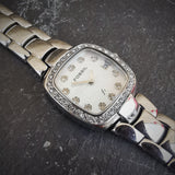 Vintage Women's Fossil "f2" Chrome Plated Quartz Watch - With Gem Stone Bezel And Date Indicator