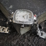 Vintage Women's Fossil "f2" Chrome Plated Quartz Watch - With Gem Stone Bezel And Date Indicator