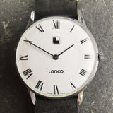 Vintage Mens Lanco Mechanical Swiss Watch with White Dial and New Handmade Black Leather Strap